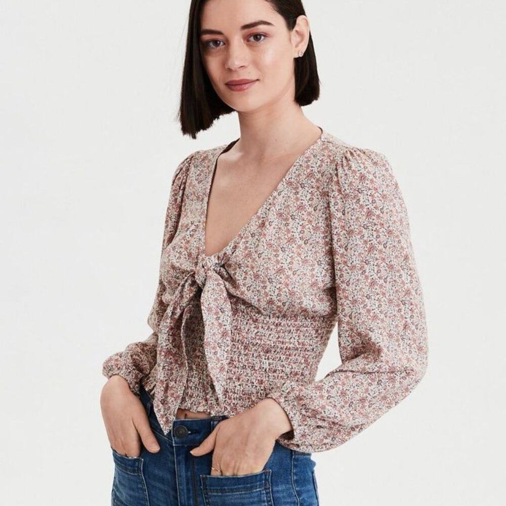 American Eagle Smocked Long Sleeve Tie Front Top Romantic Mini Floral Small